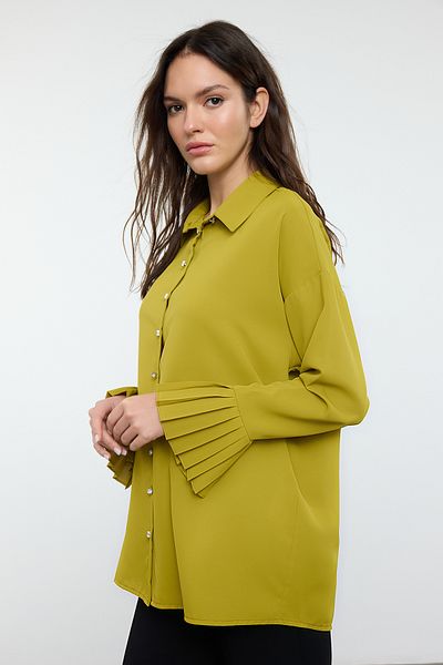 Trendyol Modest Olejově zelená tkaná košile s tenkým páskem Tctaw25Tg00008