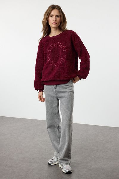 Trendyol Collection Claret Red Embroidered Plush Oversize Sweatshirt - Thick Knitted Twoaw25Sw00243