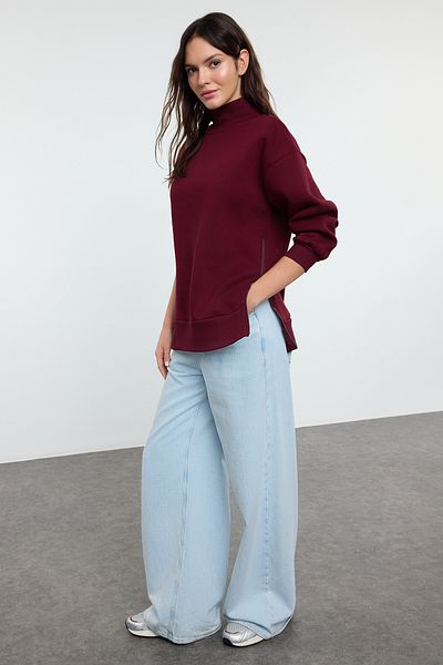 Trendyol Collection Übergroßes Strick-Sweatshirt aus bordeauxrotem Fleece – Reißverschluss, Stehkragen TWOAW20SW0322