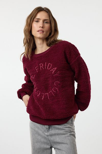 Trendyol Collection Claret Red Embroidered Plush Oversize Sweatshirt - Thick Knitted Twoaw25Sw00243