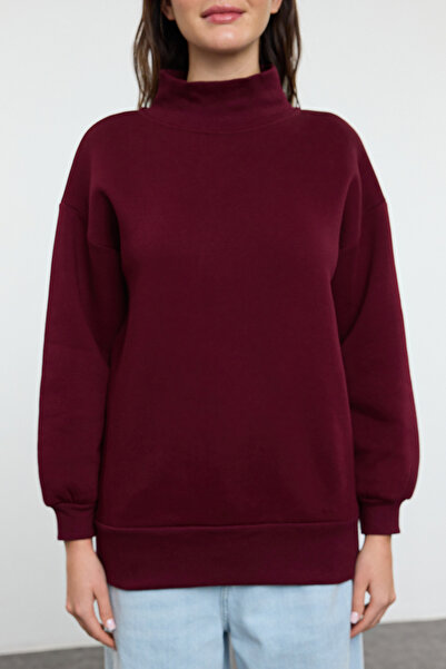 Trendyol Collection Burgundy Fleece Oversize Knitted Sweatshirt - Zippered, Stand Collar Twoaw20Sw0322
