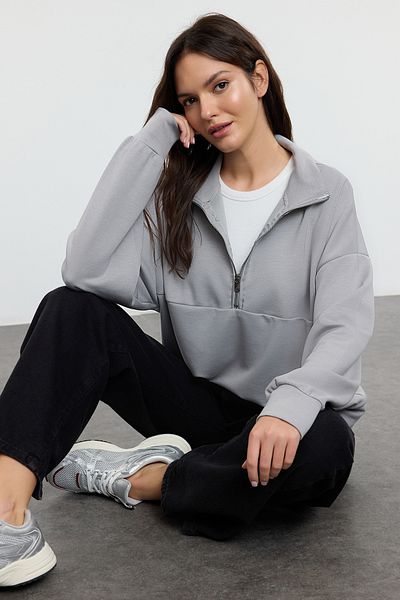 Trendyol Collection Flexible Gray Knitted Sweatshirt - Oversize Collar, Zippered Twoaw25Sw00202