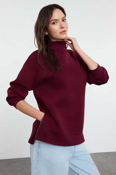 Trendyol Collection Übergroßes Strick-Sweatshirt aus bordeauxrotem Fleece – Reißverschluss, Stehkragen TWOAW20SW0322