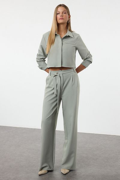 Trendyol Collection Mint Crop Woven Shirt Wide Leg/Belted Pants Set Twoaw25Au00130