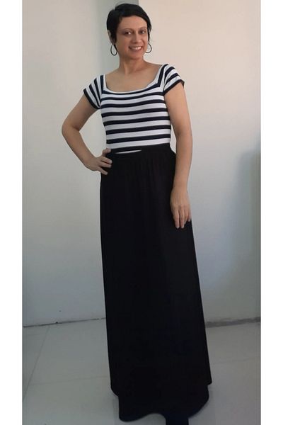 Mertcan Butik Black Elastic Waist Side Handle Asagi Dogru Bell Combed Cotton Viscose Summer Skirt