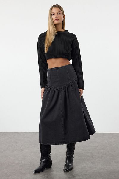 Trendyol Collection Maxi Flounced černá džínová sukně - TWOAW25ET00036