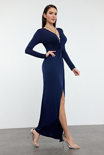 Trendyol Collection Navy Blue Double Breasted Neckline Knitted Long Stylish Evening Dress Night Graduation Dress Tpraw25Ae00014