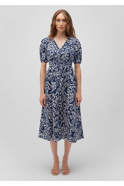 Mavi V Yaka Baskılı Lacivert Elbise 1310383-88208