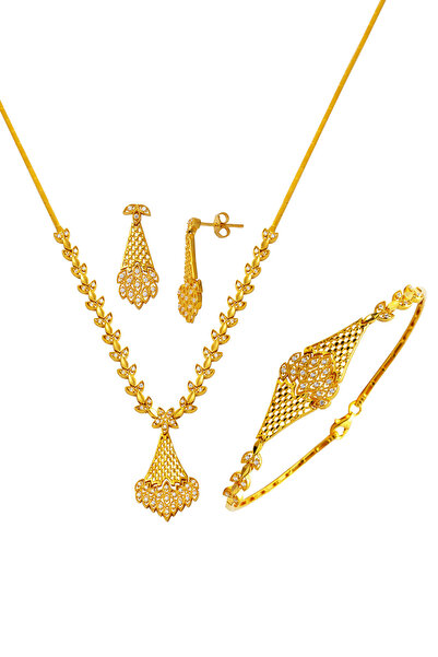 Bilezikci Yaprak Sarı Altın Düğün Takı Seti