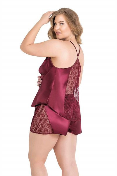 PRIMODA Set de pantaloni scurți pentru babydoll din satin burgundă de mărime Plus 1059