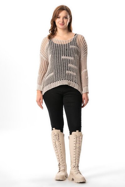 Eliş Şile Bezi Φθινοπωρινή και Χειμερινή Διάτρητη Μακρυμάνικη Πλεκτή Μπλούζα - Κρεμ Κρεμ