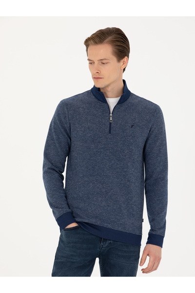 Cacharel Navy Blue Slim Fit Cotton Blend Half Zipper Sweatshirt 50275568-Vr033