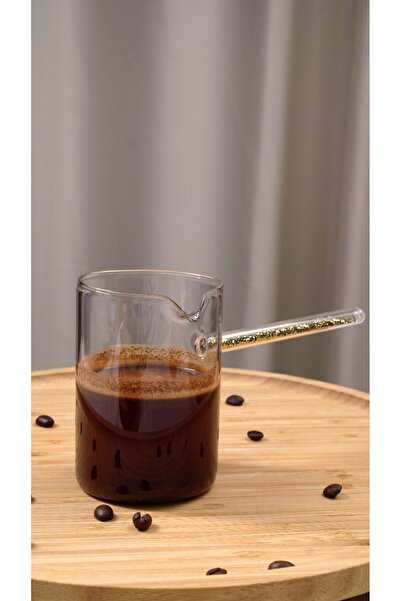 Heda Porselen Borosilikat Isıya Dayanıklı Altın Kahve Çekirdeği İşlemeli 350 ml Cam Cezve