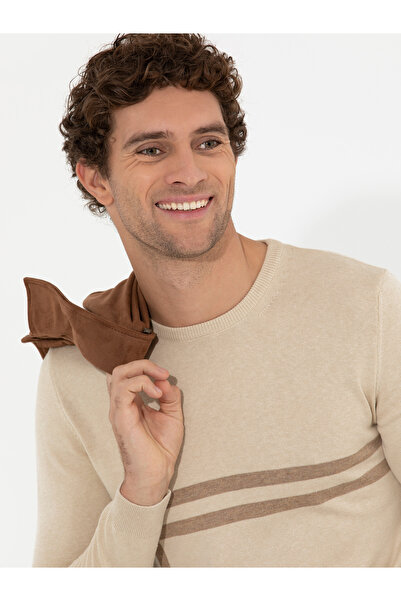 Cacharel Ekru Slim Fit Pamuk Karışımlı Bisiklet Yaka Triko Kazak 50259333-VR019