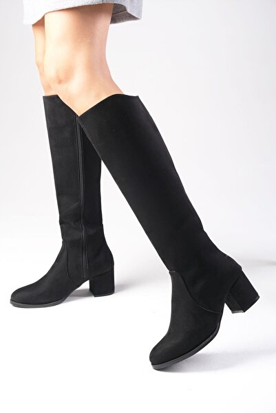 Mio Gusto Černé semišové boční zipy, dámské kozačky na podpatku podšité tenkou umělou kožešinou