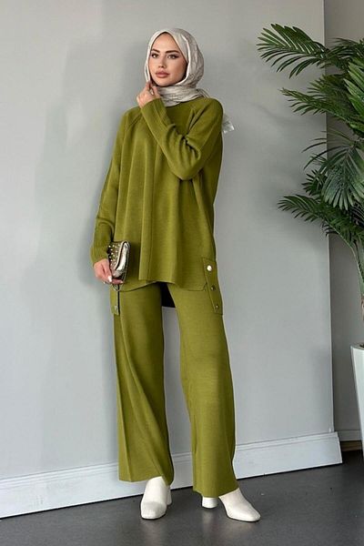 Şule Giyim Metal Buttoned Knitwear Set Oil Green