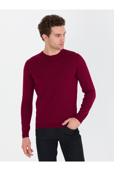 Cacharel Bordo Regular Fit %100 Yün Bisiklet Yaka Basic Triko Kazak 50259680-VR014