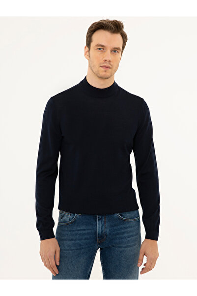 Cacharel Navy Blue Slim Fit Quarter Turtleneck Basic Knitwear Sweater 5022757...