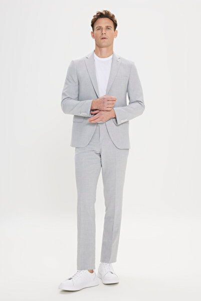 ALTINYILDIZ CLASSICS Men's Light Gray Slim Fit Slim Fit Mono Collar Seersucker Patterned Suit