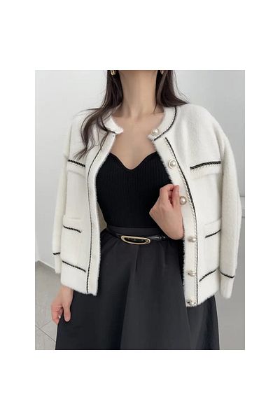 NATUFIAN STORE Baby Collar Pearl Buttoned Double Pocket Women's Knitwear Cardigan