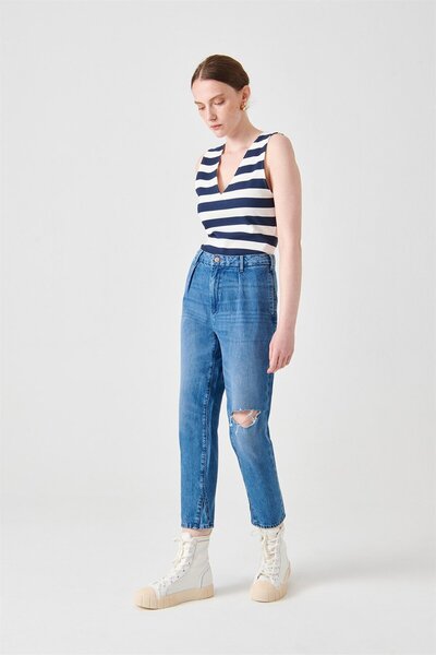Denim Trip Wılma Slouchy Fit Kesik Detaylı Koyu Indigo Kadın Jean Pantolon