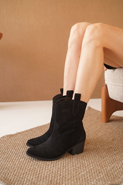 MODAADAM Suede Cowboy Boots - Γυναικείες μαύρες σουέτ μπότες Lover