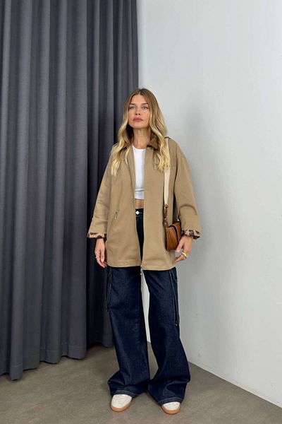 Sue Store Голямо яке от габардин с кадифена яка и млечно кафе