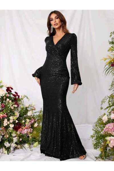 MODAS V YAKA UZUN KOLLU PUL PAYET ABİYE ELBİSE