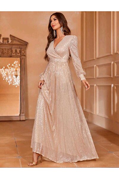 MODAS UZUN KOL KRUVAZE YAKA PUL PAYET ABİYE ELBİSE