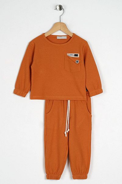 zepkids Crew Neck Long Sleeve Embroidered Sleeve and Elastic Leg Brick Color Boy's Double Set