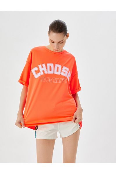 Koton Tricou sport supradimensionat cu mânecă scurtă cu decolteu - Imprimat cu slogan