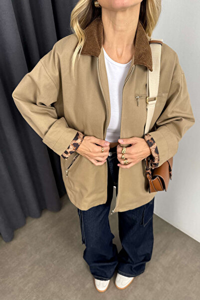 Sue Store Μπουφάν Gabardine Oversize με βελούδινο γιακά καφέ γάλακτος