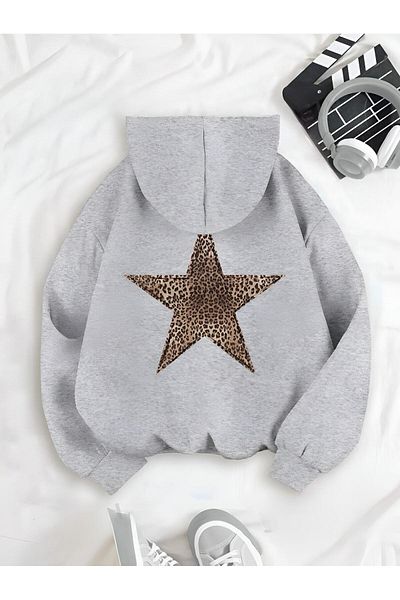 trendgar γκρι πίσω λεοπάρ στάμπα με καπάκι unisex φούτερ hodie