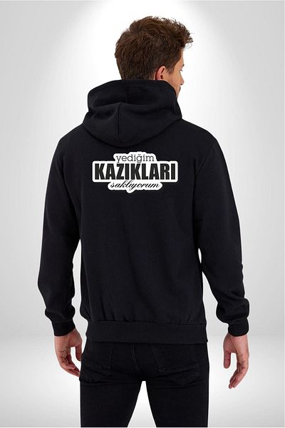 Angemiel I Hide the Piles I Eat Written Women's Men's Black Hooded Zip Printed Cardigan Sweatshirt