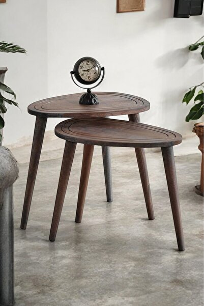 BAUPOR Masif Doğal Ahşap Zigon Sehpa 2'li Set, Modern Masif Yan Sehpa