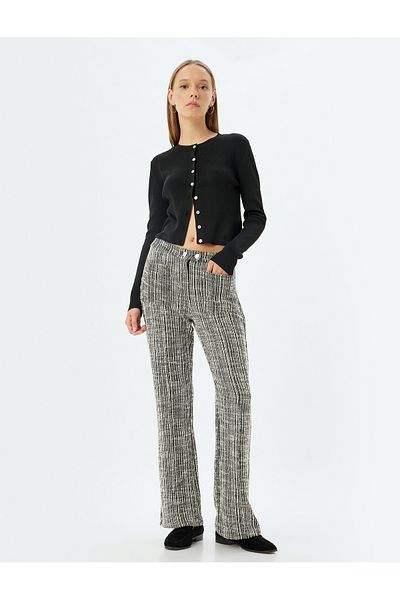 Koton High Waist Trousers Buttoned Straight Leg Textured Pocket Detail