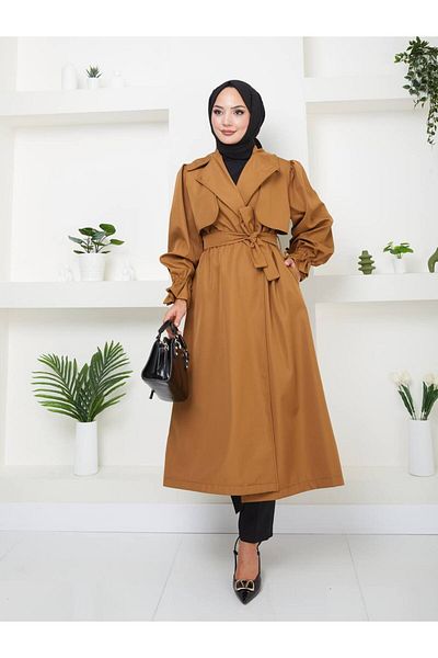 MY QILAM Cotton Waterproof Long Double Breasted Collar Trench Coat - Balloon Sleeve and Waist Tie (120cm)