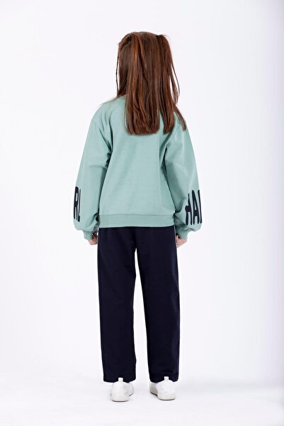 zepkids Crew Neck Long Arm Sleeves Happy Girl Printed Mint Color Girl's Two-Piece Set