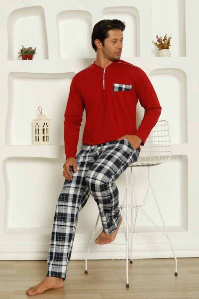 ALİMER Бордовий картатий піжамний комплект з довгими рукавами для чоловіків 1207uy