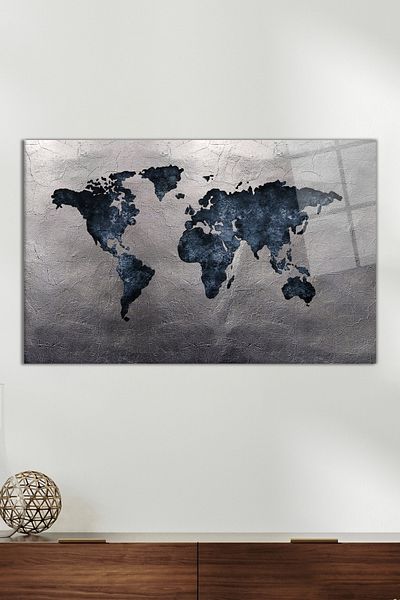 Vosevu Silver Detailed World Map Glass Painting, Modern Home and Office Decor, Gift Wall Decoration