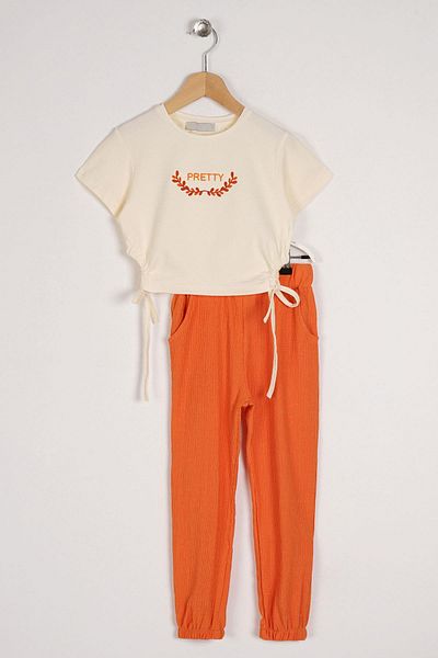 zepkids Crew Neck Short Sleeve Pretty Printed Ecru Orange Color Girl's Two-Piece Set with Ties on the Sides