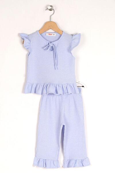 zepkids Crew Neck Short Sleeve Waffel Pacifier Frilly Double Suit Baby Blue Color Girl's Double Suit