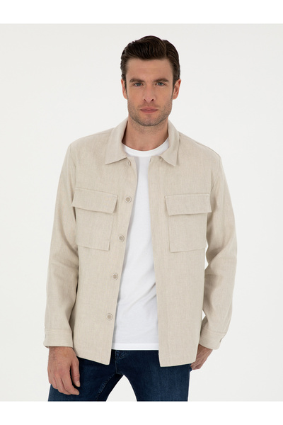 Cacharel Bej Slim Fit Keten Karışımlı Ceket Gömlek 50288993-VR011