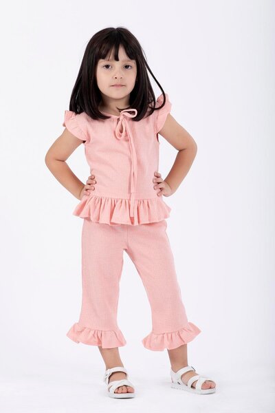 zepkids Crew Neck Short Sleeve Waffel Pacifier Frilly Double Set Pink Color Girl's Double Set