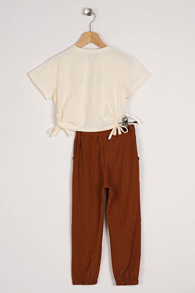 zepkids Crew Neck Short Sleeve Pretty Printed Ecru Brown Color Girl's Two-Piece Set with Ties on the Sides
