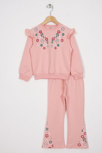 zepkids Girl's Two Pieces Set - Crew Neck, Long Sleeve, Cıcek Embroidery Printed, Salmon Color