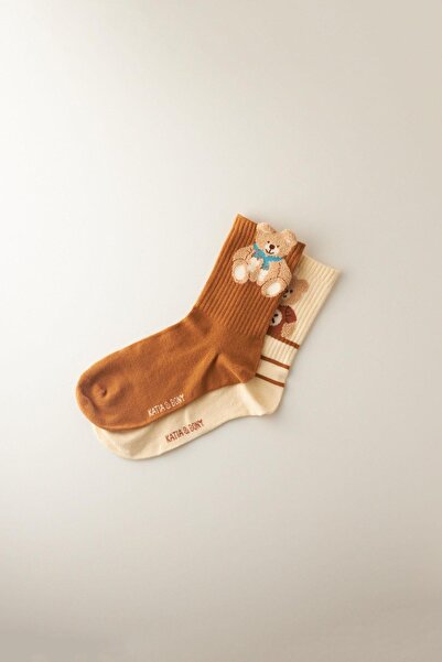 Katia&Bony Комплект от 2 броя дамски чорапи с шарки на плюшено мече - екрю и кафяво