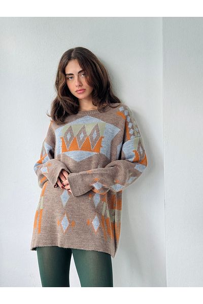 Retrobird Vintage Patterned Jacquard Knitwear Sweater Women's Sand