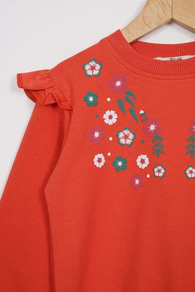 zepkids Girl's Two-Piece Set - Crew Neck, Long Sleeve, Cıcek Embroidery Print, Brick Color