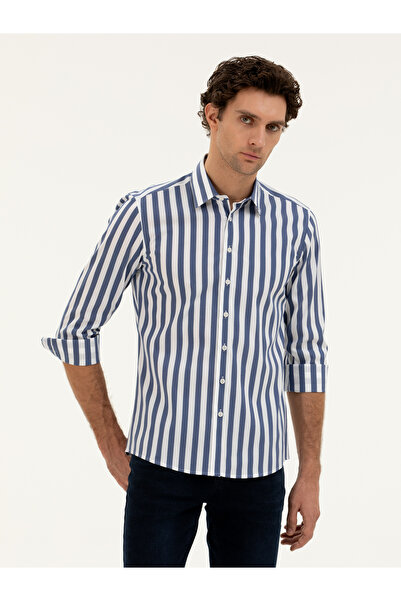 Cacharel Lacivert Slim Fit Pamuk Karışımlı Çizgili Gömlek 50285448-VR033